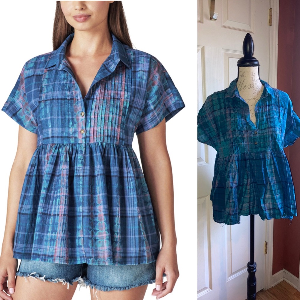 Lucky Brand Short Sleeve Babydoll Tunic Top Blue Tie Dye Lightweight sz Medium